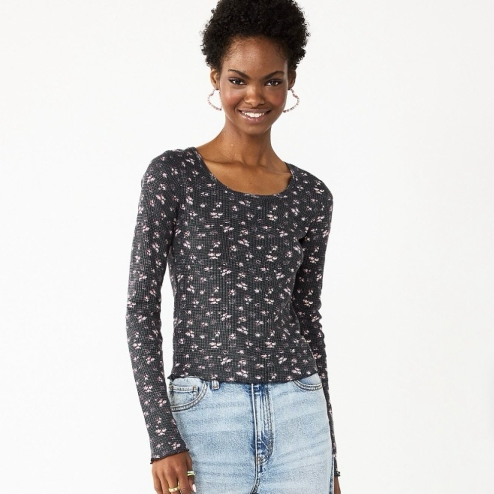 SO Black Floral Cropped Thermal Long Sleeve Top Y2K 90s Medium